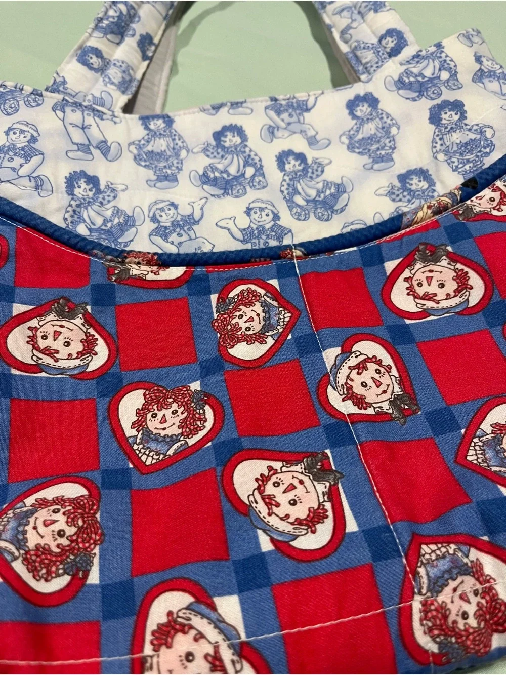 Vintage Raggedy Ann, Raggedy Andy quilted tote